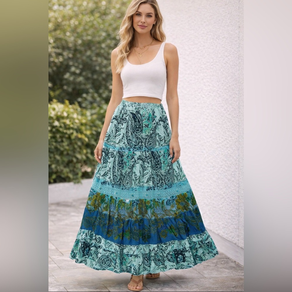 Forbidden Los Angeles Boho Tiered Maxi Skirt Blue Multi Floral Paisley M